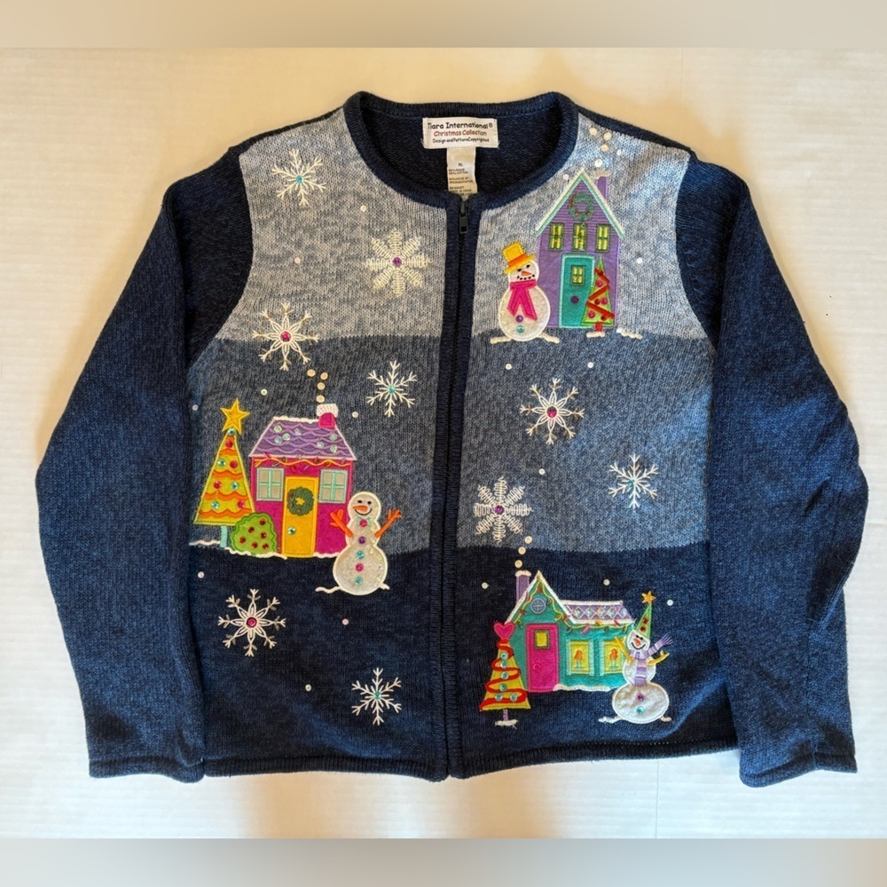 Vintage Tiara International Collection full zip Christmas cardigan sweater XL